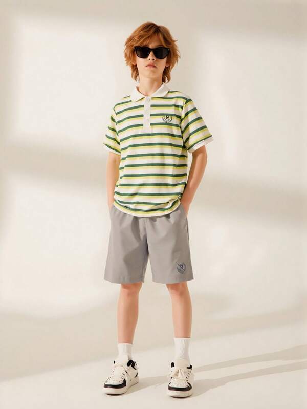 Set tricou și pantaloni scurți cu guler polo în dungi, mânecă scurtă, pentru băieți Tween, ținută casual de vară