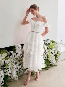 MOTF Soiréza LACE ELEGANT ROMANTIC OFF SHOULDER RUFFLE TRIM LAYERED HEM COCKTAIL DRESS - Beige - View 4