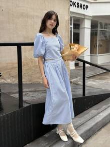 SHEIN Set de 2 piezas con Top sin espalda con lazo y abertura, y falda minimalista, conjunto elegante de estilo casual de verano con rayas tejidas, para adolescentes, para reuniones - Celeste - Ver 2