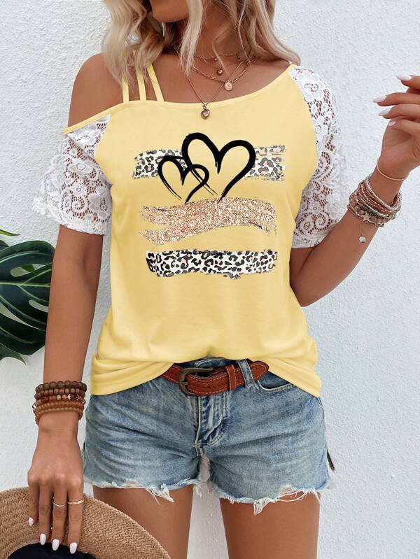 SHEIN LUNE T-shirt graphique pour femmes avec empiècement en dentelle, imprimé cœur et imprimé léopard. Hauts femme avec imprimé guépard