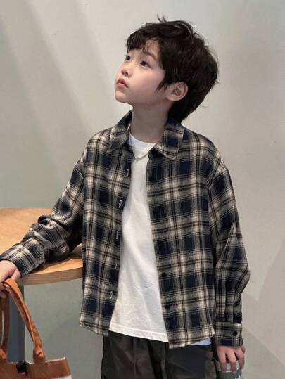Dazy Kids 男童宽松休闲格子衬衫，秋季长袖上衣