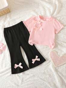 SHEIN 2 piezas Conjunto de ropa casual linda para niña bebé, blusa con manga corta con volantes y moño + pantalones largos acampanados, ropa dulce y versátil para niña bebé - Rosa - Ver 2