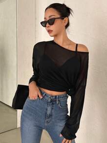 DAZY Solid Drop Shoulder Sheer Mesh Top Without Bra,Ladies Casual Drop Shoulder Round Neck Regular Fit Black Plain Women Tops,Spring/Fall,Party/Nightclub Outfits Going Out Tops Festival Long Sleeve Women Tops - Black - View 7