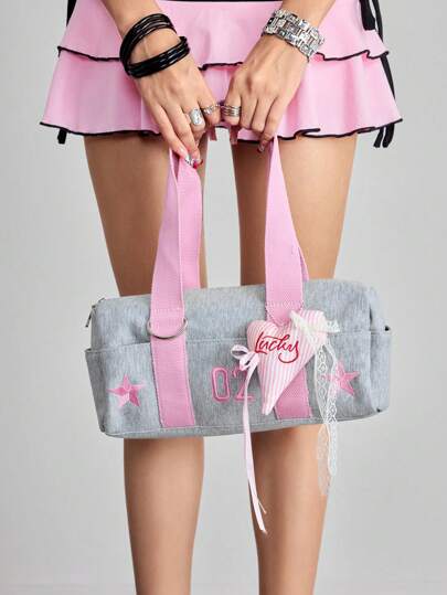 Anime Y2K Collegiate Style Pink Star & Number Decor Women Shoulder Bag Vibrant Athletic Yoga Tote Bag, Large Capacity Women Bowling Bag Romantic Butterfly & Heart Multi-Pocket Tote Bag, Suitable For Commute, Shopping, Sports