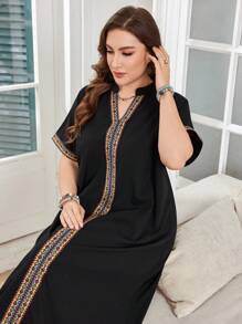 Lacomfia Plus Size Short Sleeve Solid Color Lace Trim Dress For Women - Black - View 1