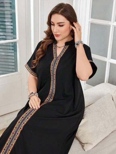 Lacomfia Plus Size Short Sleeve Solid Color Lace Trim Dress For Women