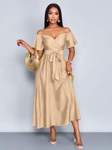 SOLERSUN Women's Elegant Resort Dress With Bateau Neckline And Slim Fit, Suitable For Vacation, Daily Life And Dating - Apricot - View 6