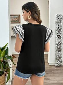 Flirla Plus Size Women Floral Printed Holiday Ruffle Sleeve T-Shirt, Summer - Black - View 2