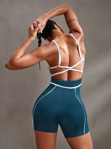 Powerista 对比色边露背吊带背心无缝连体裤运动裤 - 霧霾藍 - 查看 4