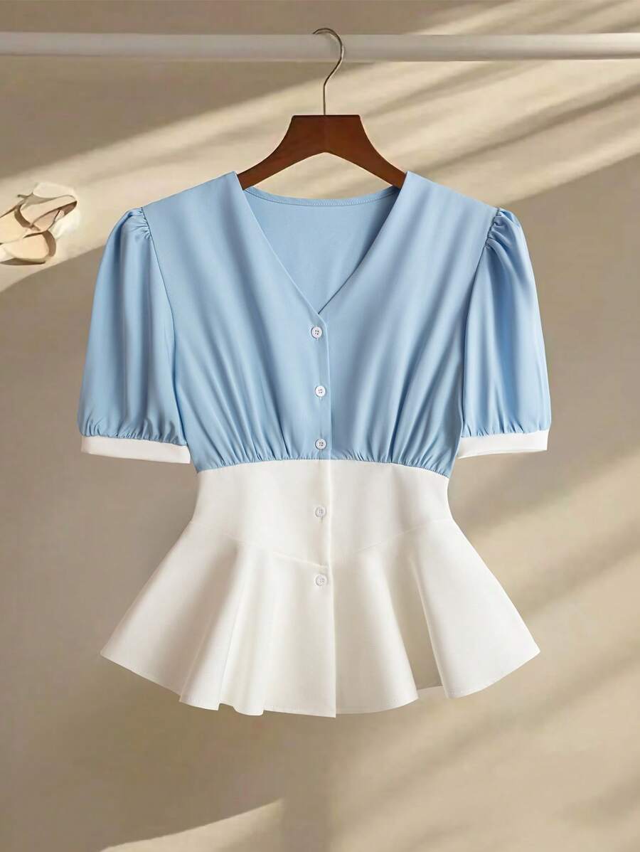 SHEIN Clasi 女式拼色短袖V领衬衫,夏季时尚 - 藍白色 - 查看 1