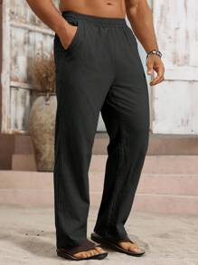 Manfinity RSRT Men Casual Solid Color Minimalist Pocket Linen Black Loose Pants, Lightweight Summer Straight Leg Pants, Fall