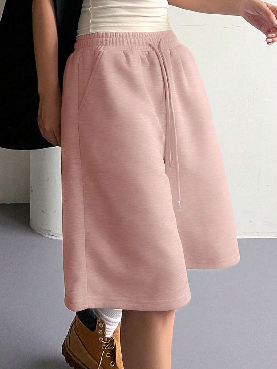 DAZY Pantalones cortos casuales con cintura elástica y cordón, versátiles para usar con suéteres en verano - Rosa - Ver 1