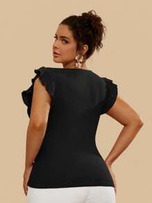 Travachic Top ajustado y corto de mujer talla grande de color rojo sólido con mangas abullonadas, estilo tropical casual de vacaciones