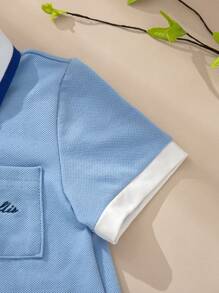 SHEIN Sommer Retro Gentleman Stil Lässig Baby Jungen Jumpsuit, Kontrast Polokragen Halber Knopf Strick Stoff Kurzes Bein Romper - Blau - Übersicht 4