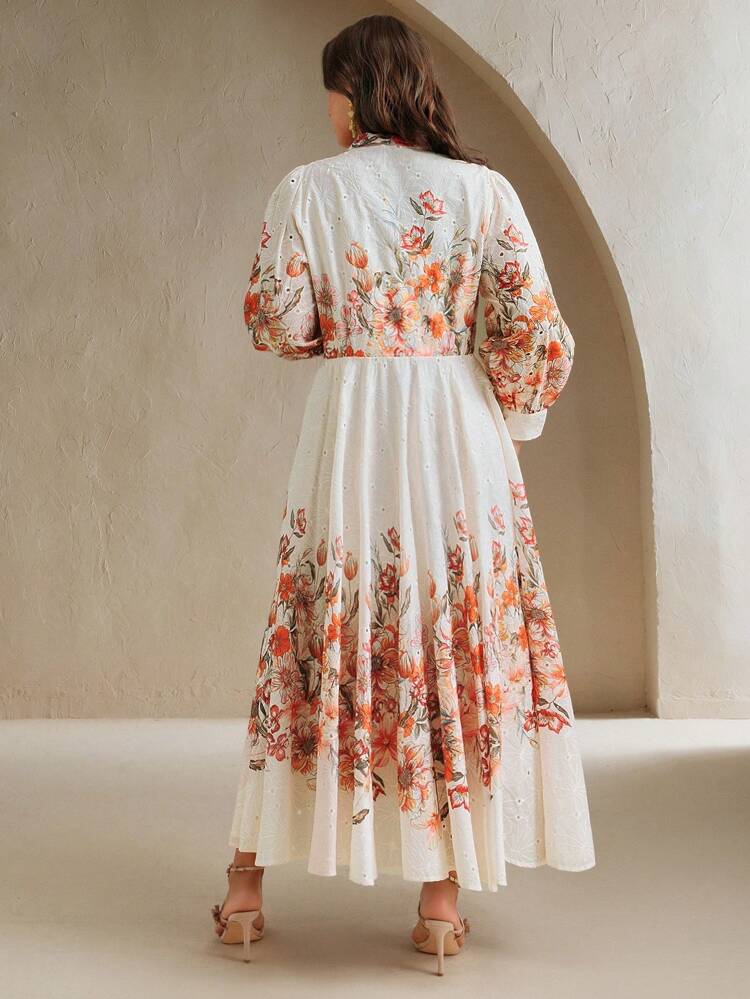 Plus Size Embroidered Floral Print Shirt Dress, Flowy Long Dress, Suitable For Spring, Vacation, Festival, Easter