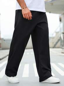 Manfinity Homme Plus Size Men's Casual Solid Color Drawstring Sweatpants, Loose Straight Leg Casual Black Slacks Pants, Fall - Black - View 5