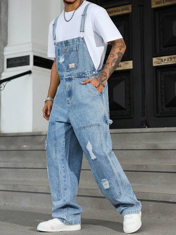 Manfinity EMRG Men's Letter Print Distressed Casual Versatile Denim Bib Overalls Hang Out Street Work Urban