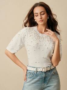 Anewsta Élégant, conception de mode de luxe Top de gamme Pull tricoté incrusté de strass de luxe