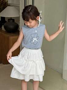 SHEIN Cute Grey Polyester Sleeveless Top With Teddy Bear Graphic For Little Girls  Kids Back To School - Grey - View 5