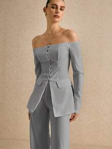 Poéselle 秋冬女士时尚露肩纽扣西装外套和裤子套装 - 灰色 - 查看 6