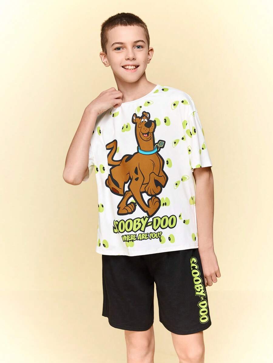 SCOOBY-DOO X SHEIN 青少年男孩卡通眼睛图案白色休闲百搭短袖 T 恤和黑色宽松短裤套装,夏季 - 黑與白 - 查看 1