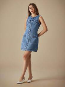 SHEIN EZwear Vestido de mezclilla casual y de moda con botones lavado