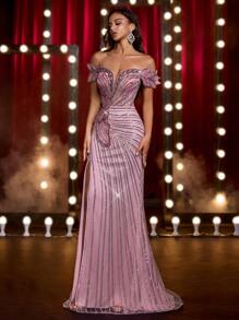 Glamrae Váy đuôi cá hở vai gợi cảm, sang trọng, đính hoa ngọc trai và sequin, đuôi dài, thích hợp cho tiệc cưới, tiệc tùng, hẹn hò, dạ hội, tiệc chiêu đãi (Thiết kế chắc chắn) - Màu Hồng Tươi - Xem 6