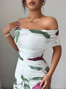 Modelyn Women's Off Shoulder Ruched Mesh Printed Summer Dress - White - View 5