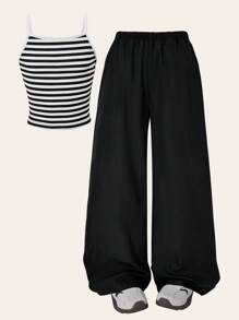 Explorewe 2件套青少年女孩简约条纹背心和休闲宽松裤套装 - 黑色 - 查看 7