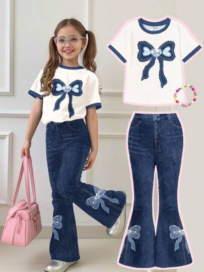 SHEIN Vintage Lace Patchwork Bow Design, Young Girl Casual Cartoon Pattern Round Neck Short Sleeve T-Shirt And Flared Pants 2 Pieces Set, Chill Summer