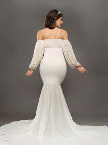 Cheriluna Maternity Maternity Photography Dress, Off Shoulder Lantern Sleeve Mermaid Hem Fitted Party Dress - Apricot - View 2