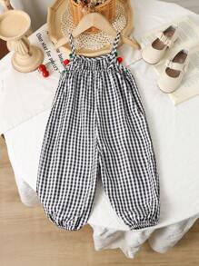 SHEIN Vintaside Kids Baby Girls' Summer Casual Classic Woven Black & White Gingham Jumpsuit With Cherry Decor - Black and White - View 2