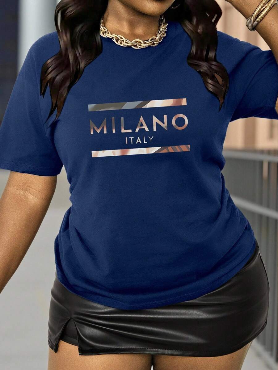 Maweii Calvin Graphic Print T-Shirt For Women - Elegant, Comfortable, Stylish Crew Neck, Breathable Polyester Blend, Casual Wear - Navy Blue - View 1