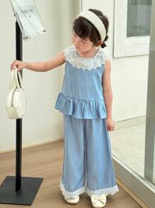SHEIN Conjunto de top sin mangas con cuello de volantes y pantalones largos estilo princesa coreano y japonés para niñas jóvenes - Azul y blanco - Ver 5
