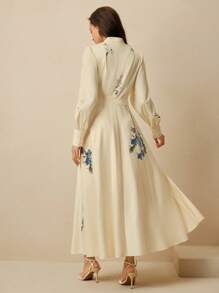 Anewsta 1 件女式长袖印花优雅泡泡袖/灯笼袖摆裙 - Butter Yellow - 查看 3