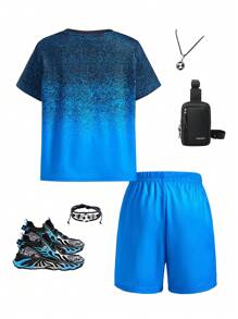 SHEIN Set de 2 piezas de camiseta gráfica y pantalón corto de chándal casual para niños/niños pequeños, cómodo, suave, versátil, color degradado, adecuado para atuendos, regreso a la escuela, fiestas, diario, escuela, viajes, deportes - Azul - Ver 2