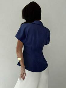 Firerie Damen Leinenhemd mit geraffter Taille und Metallknopf, kurzärmlig, formelle/legere Kleidung, Marineblau, Abschlussfeier, Lehrer-Outfits für Damen, Schulanfang, Lehrer-Outfits für Damen, Herbstkleidung für Damen, altes Geld, Büro-Outfits für Damen