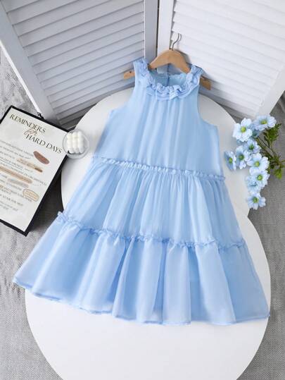 青少年女孩优雅纯色荷叶边下摆无袖连衣裙，夏季