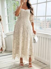 SHEIN Clasi Đầm ren hoa cổ vuông tay ngắn thanh lịch cho nữ cỡ lớn - Màu Khaki - Xem 7