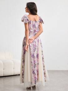 Modelyn 女式春夏花卉印花网眼拼接荷叶边腰喇叭长裙，优雅浪漫 - 彩色 - 查看 2