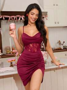SHEIN 甜美蕾丝拼布无袖女式睡裙 - 酒紅色 - 查看 3