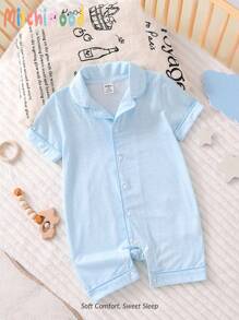 男宝宝绅士风条纹翻领连体衣短袖短裤套装，简约时尚，浅蓝色