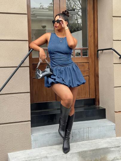 SHEIN ICON 大码女式无袖露背短款牛仔连衣裙