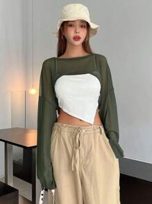 DAZY Top corto sin camiseta interior, manga larga, ropa de vuelta al colegio para mujeres - Verde Oliva - Ver 7