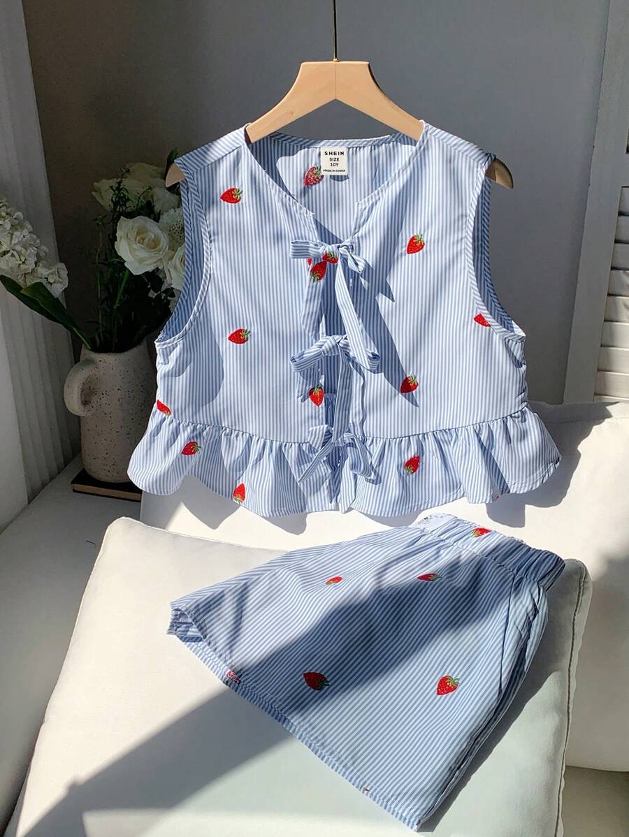 SHEIN Tween Girl Casual Minimalist Strawberry Striped Ruffle Trim Tank Top - Blue - View 1