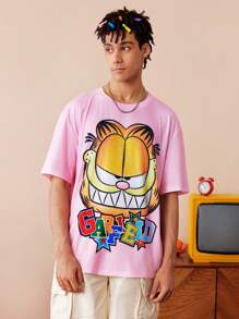 GARFIELD | SHEIN 男士字母卡通图案圆领短袖T恤 - 粉色 - 查看 4