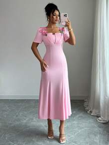 Elenzga Elegant French Solid 3D Floral Embroidery Square Neck Fitted Mermaid Maxi Dress, Suitable For Dates, Weddings, Parties And Commute