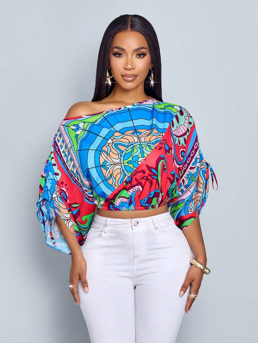 SOLERSUN 女式休闲不对称领口抽绳衬衫，带有随机花卉印花 - 粉色 - 查看 1