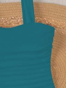 Swim Basics Baju Renang One-Piece Sederhana dengan Tali Lipit Warna Polos untuk Musim Semi, Gaya Boho Festival untuk Wanita untuk Liburan Pantai Musim Panas - Teal Blue - View 4