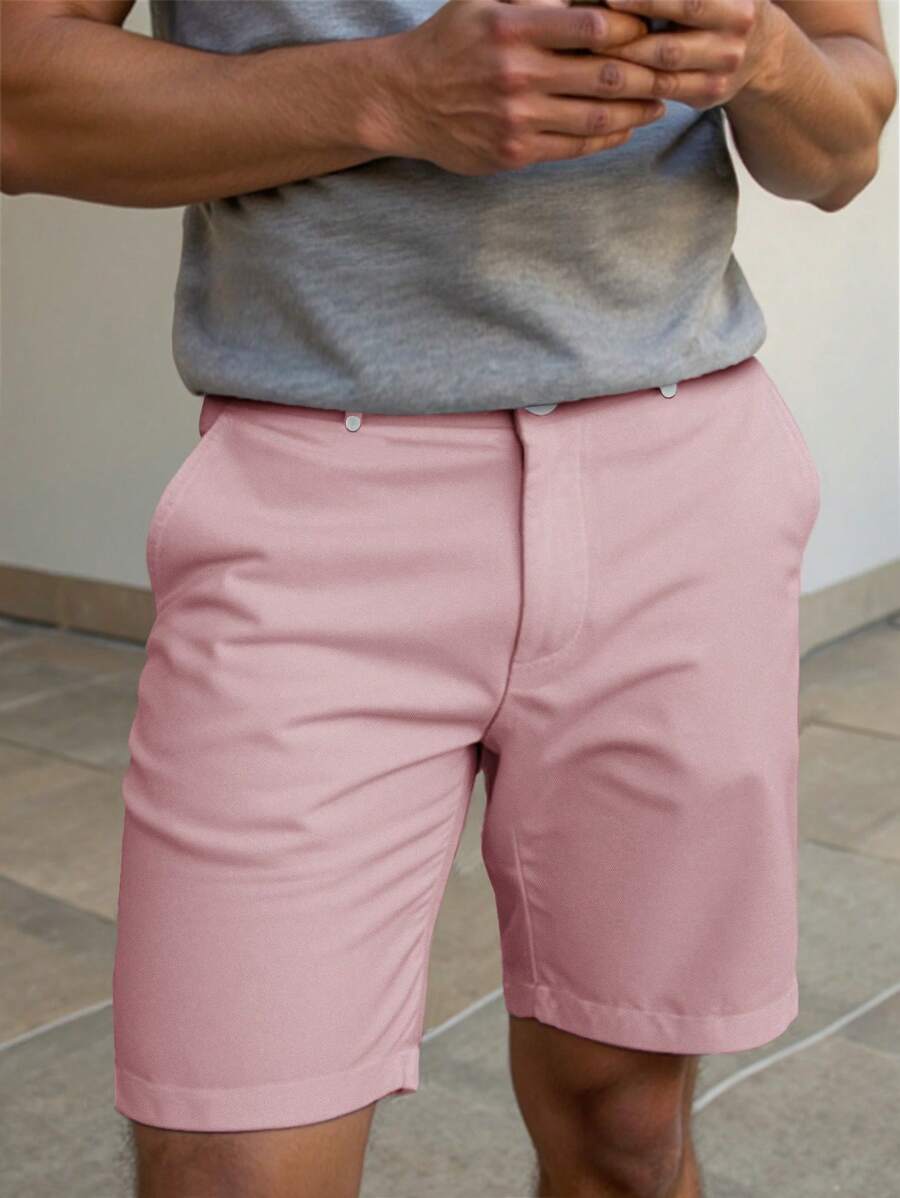 Manfinity Homme 男士纯色休闲直筒宽松短裤男士粉色短裤男士正装短裤男士高尔夫短裤男士短裤粉色短裤。送给男朋友或丈夫的绝佳礼物。 - 粉色 - 查看 1
